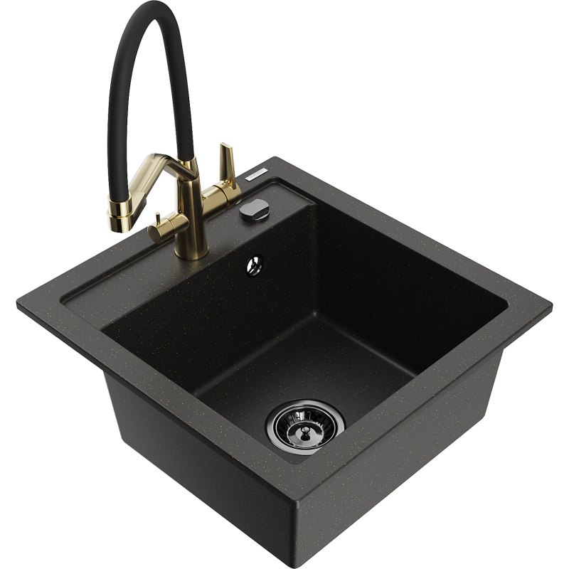 Mexen Vito zlewozmywak granitowy 1-komorowy z baterią kuchenną Duo, czarny/złoty metalik - 6503-75-671701-57-B