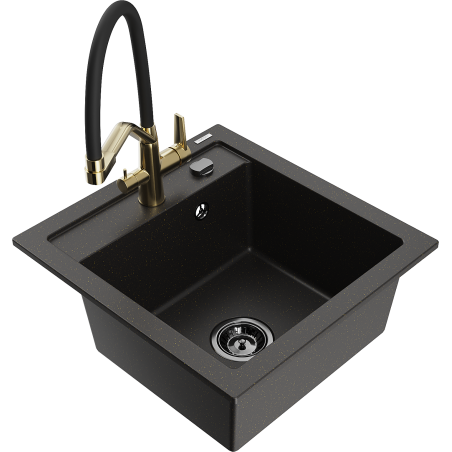 Mexen Vito zlewozmywak granitowy 1-komorowy z baterią kuchenną Duo, czarny/złoty metalik - 6503-75-671701-57-B
