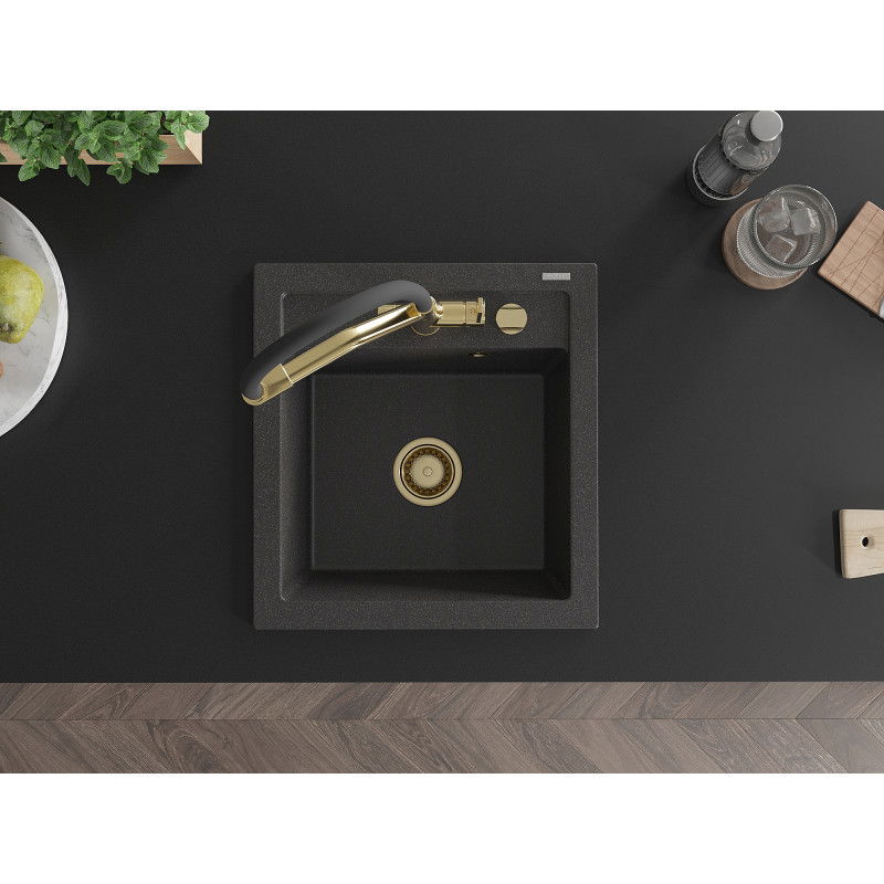 Mexen Vito zlewozmywak granitowy 1-komorowy z baterią kuchenną Duo, czarny nakrapiany - 6503-76-671701-57-G