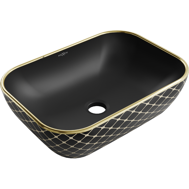 Mexen Rita umywalka nablatowa 45 x 32 cm, czarna mat/złota wzór kratka - 21084579