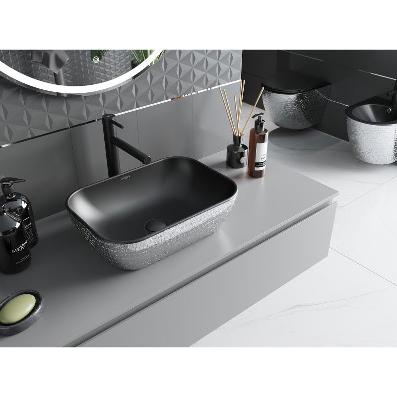 Mexen Rita umywalka nablatowa 45 x 32 cm, czarna mat/srebrna wzór łuski - 21084572