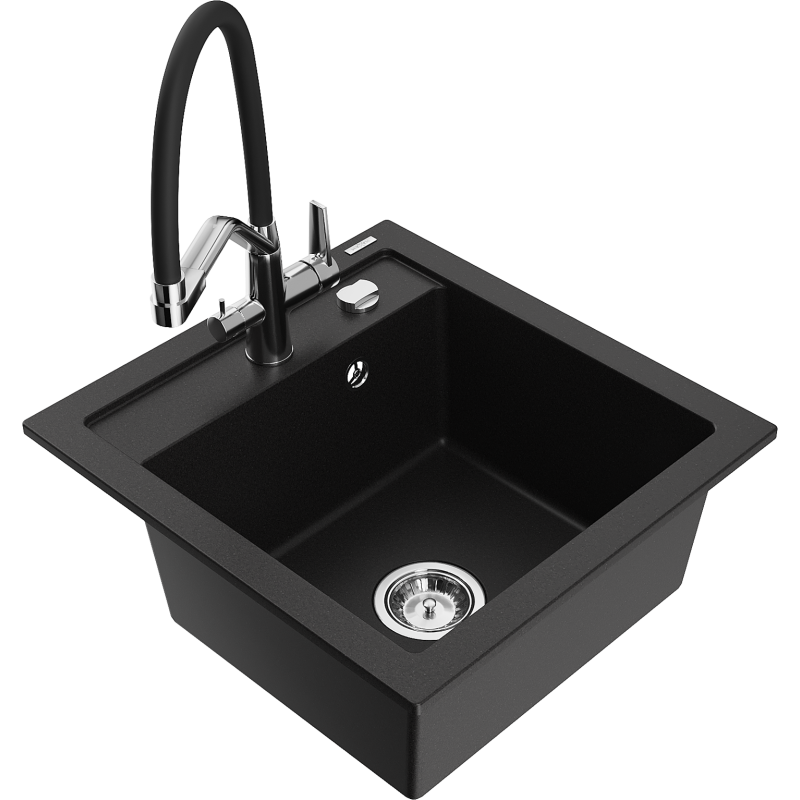 Mexen Vito zlewozmywak granitowy 1-komorowy z baterią kuchenną Duo, czarny - 6503-77-671701-07