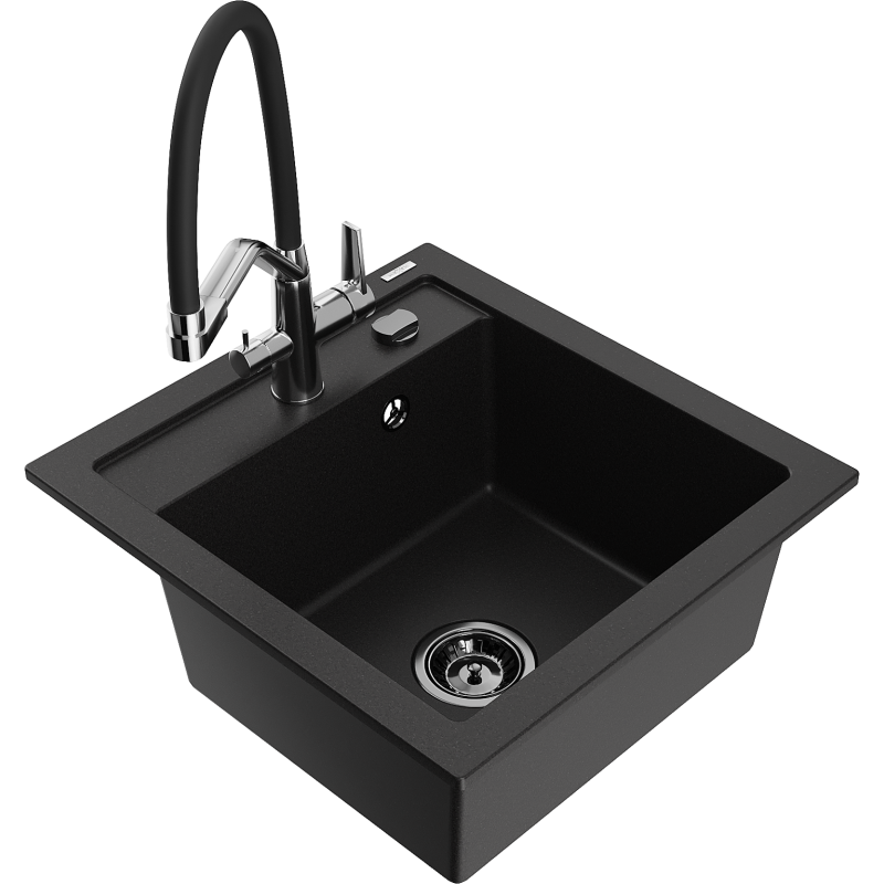 Mexen Vito zlewozmywak granitowy 1-komorowy z baterią kuchenną Duo, czarny - 6503-77-671701-07-B