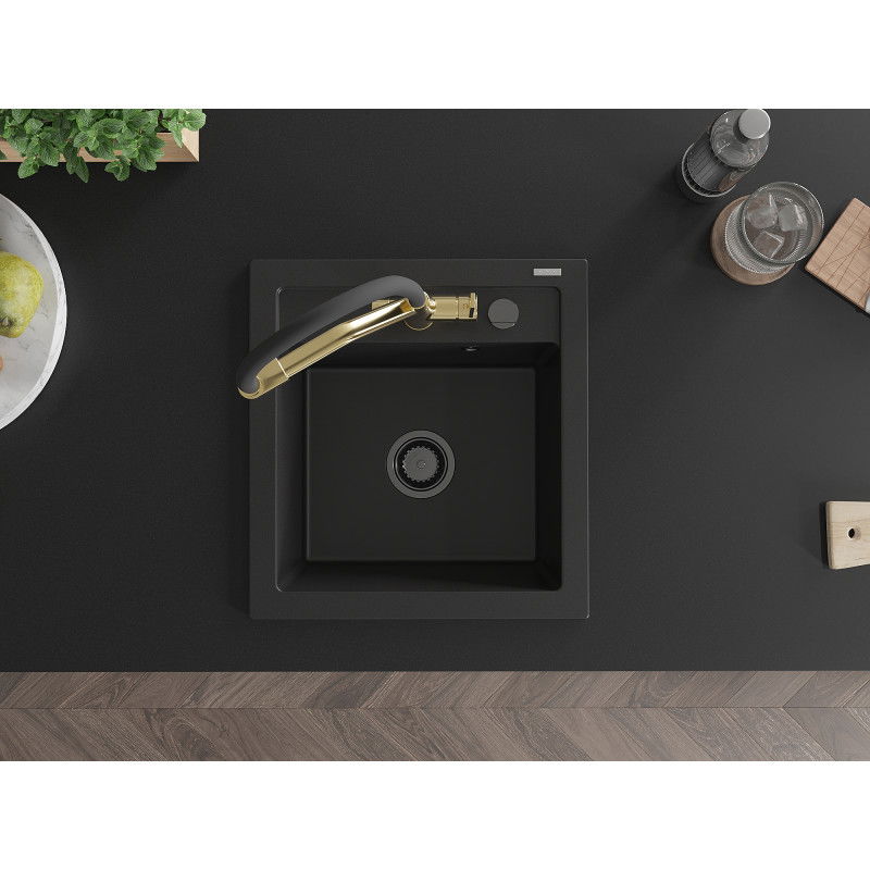 Mexen Vito zlewozmywak granitowy 1-komorowy z baterią kuchenną Duo, czarny - 6503-77-671701-57-B