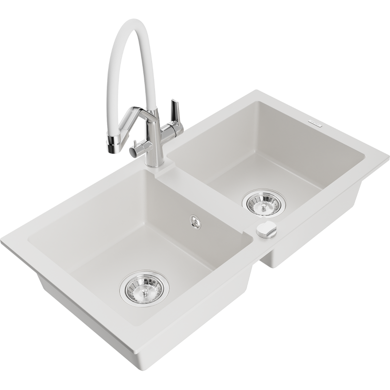 Mexen Mario zlewozmywak granitowy 2-komorowy z baterią kuchenną Duo, biały - 6504-20-671701-02