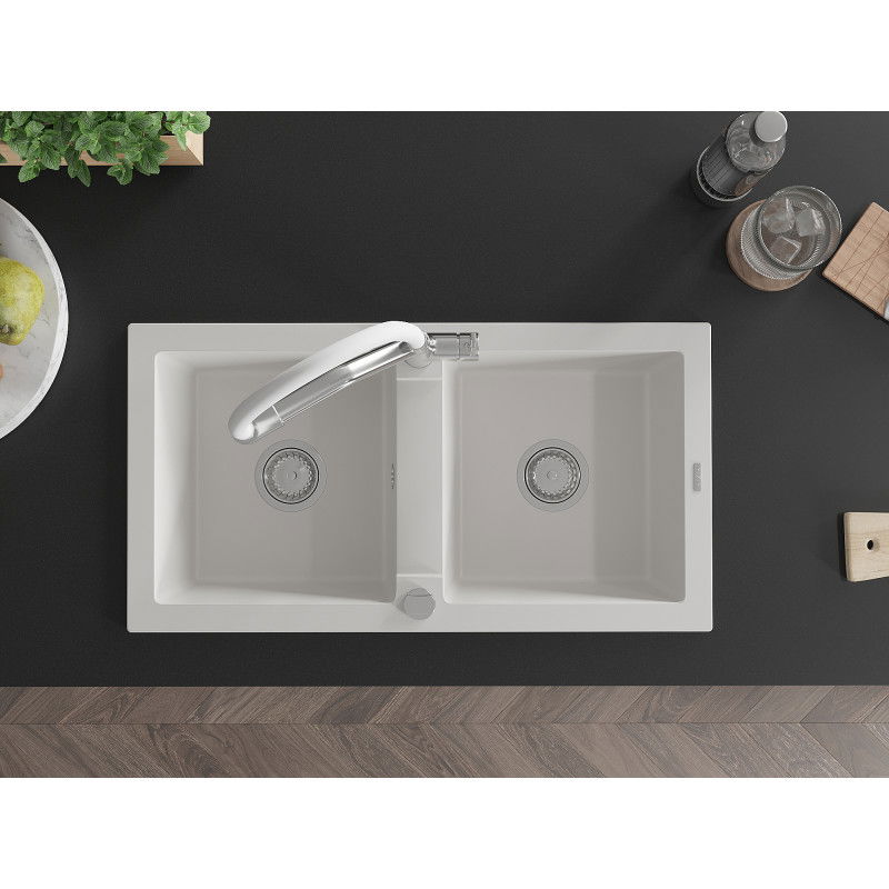Mexen Mario zlewozmywak granitowy 2-komorowy z baterią kuchenną Duo, biały - 6504-20-671701-02