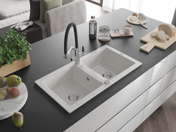 Mexen Mario zlewozmywak granitowy 2-komorowy z baterią kuchenną Duo, biały - 6504-20-671701-07