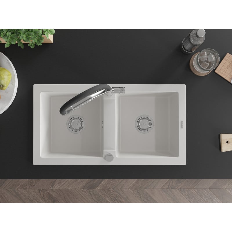Mexen Mario zlewozmywak granitowy 2-komorowy z baterią kuchenną Duo, biały - 6504-20-671701-07