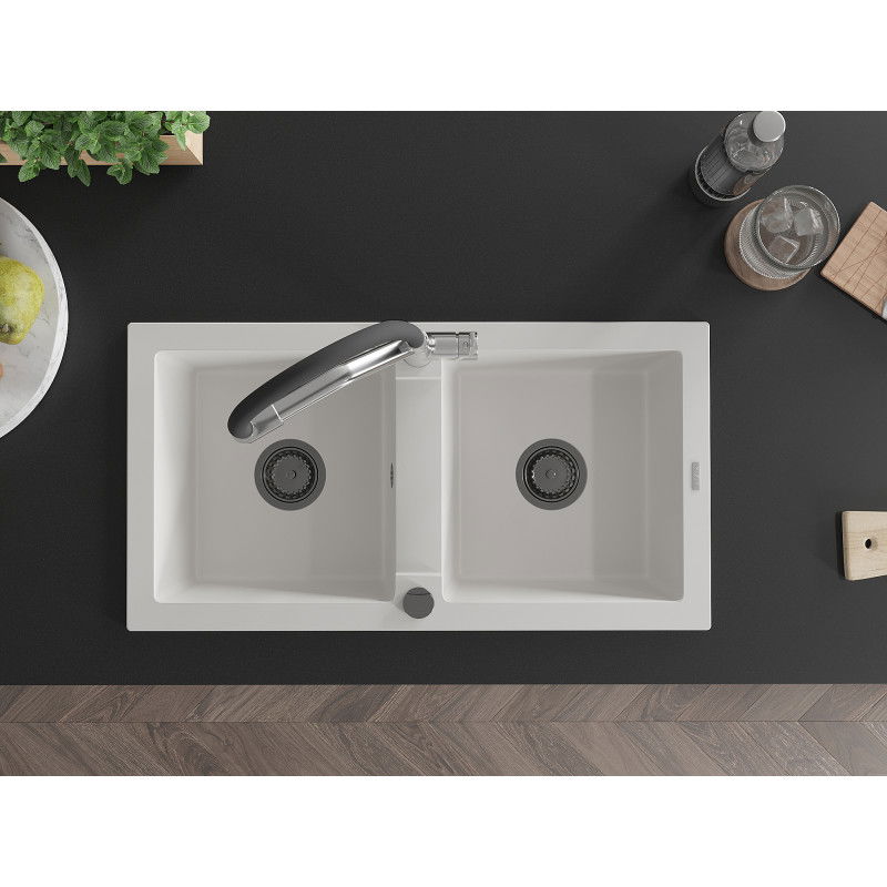 Mexen Mario zlewozmywak granitowy 2-komorowy z baterią kuchenną Duo, biały - 6504-20-671701-07-B
