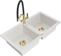 Mexen Mario zlewozmywak granitowy 2-komorowy z baterią kuchenną Duo, biały - 6504-20-671701-57-G