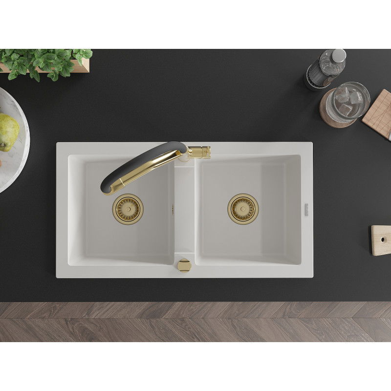 Mexen Mario zlewozmywak granitowy 2-komorowy z baterią kuchenną Duo, biały - 6504-20-671701-57-G