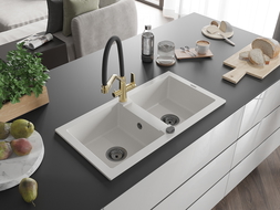 Mexen Mario zlewozmywak granitowy 2-komorowy z baterią kuchenną Duo, biały - 6504-20-671701-57-B