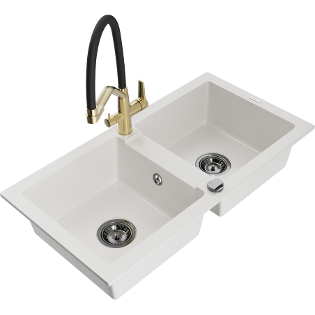 Mexen Mario zlewozmywak granitowy 2-komorowy z baterią kuchenną Duo, biały - 6504-20-671701-57-B