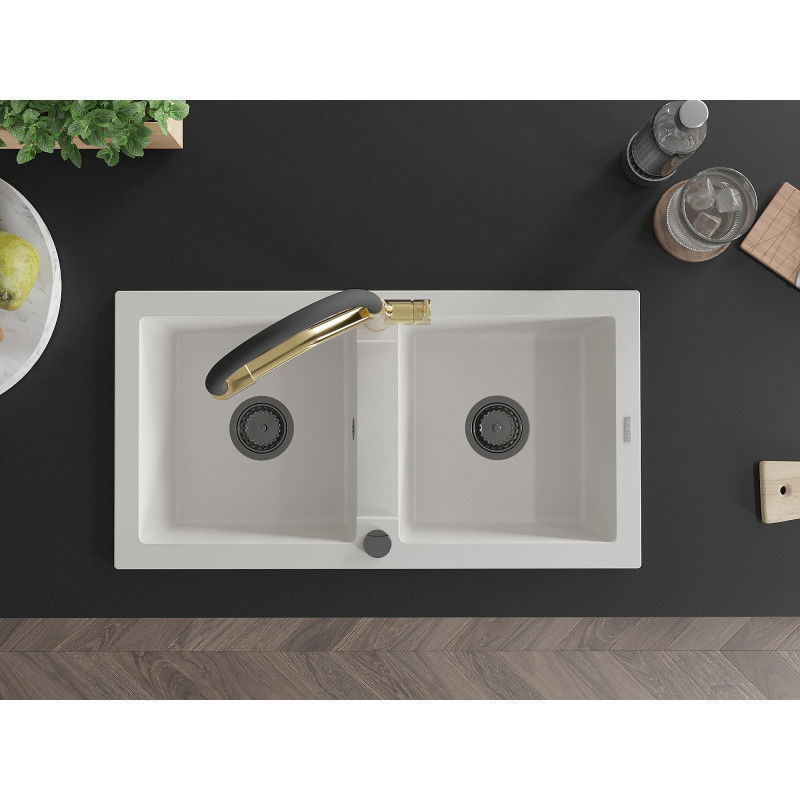 Mexen Mario zlewozmywak granitowy 2-komorowy z baterią kuchenną Duo, biały - 6504-20-671701-57-B