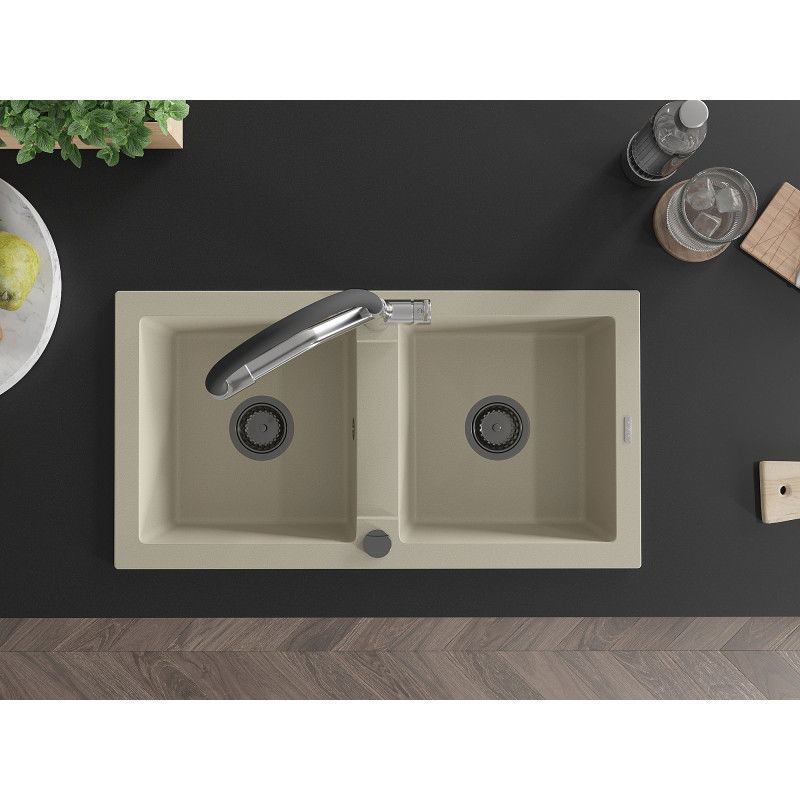 Mexen Mario zlewozmywak granitowy 2-komorowy z baterią kuchenną Duo, beżowy - 6504-69-671701-07-B