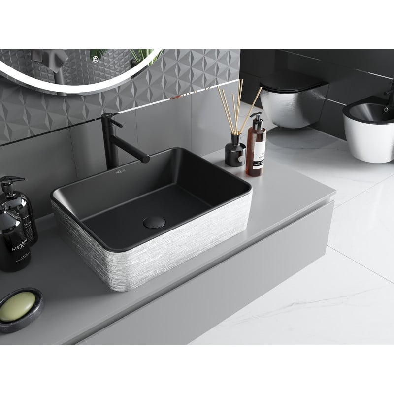 Mexen Catia umywalka nablatowa 48 x 37 cm, czarna mat/srebrna wzór linie - 21314873