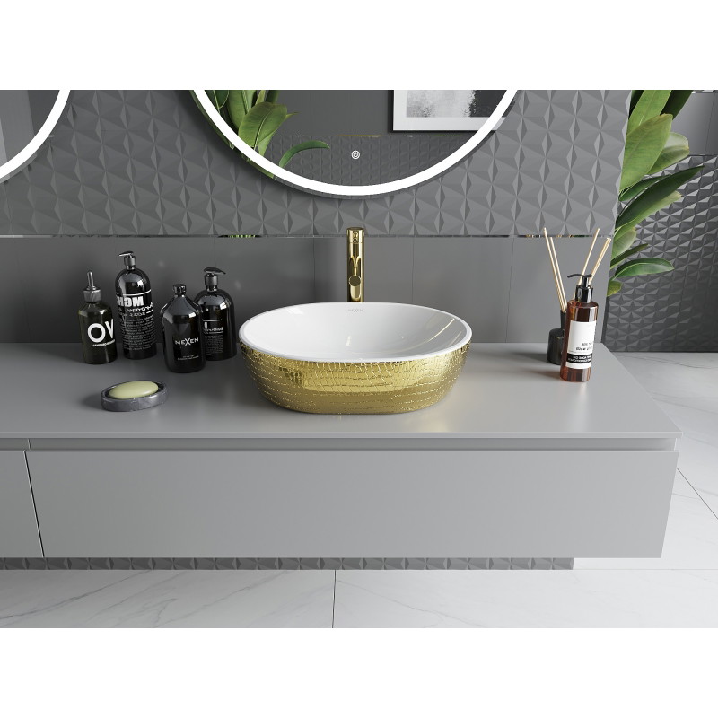 Mexen Viki umywalka nablatowa 48 x 35 cm, biała/złota wzór łuski - 21054808