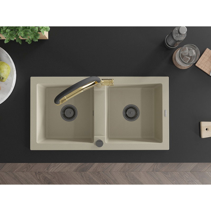 Mexen Mario zlewozmywak granitowy 2-komorowy z baterią kuchenną Duo, beżowy - 6504-69-671701-57-B