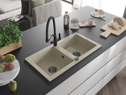 Mexen Mario zlewozmywak granitowy 2-komorowy z baterią kuchenną Duo, beżowy - 6504-69-671701-70-B