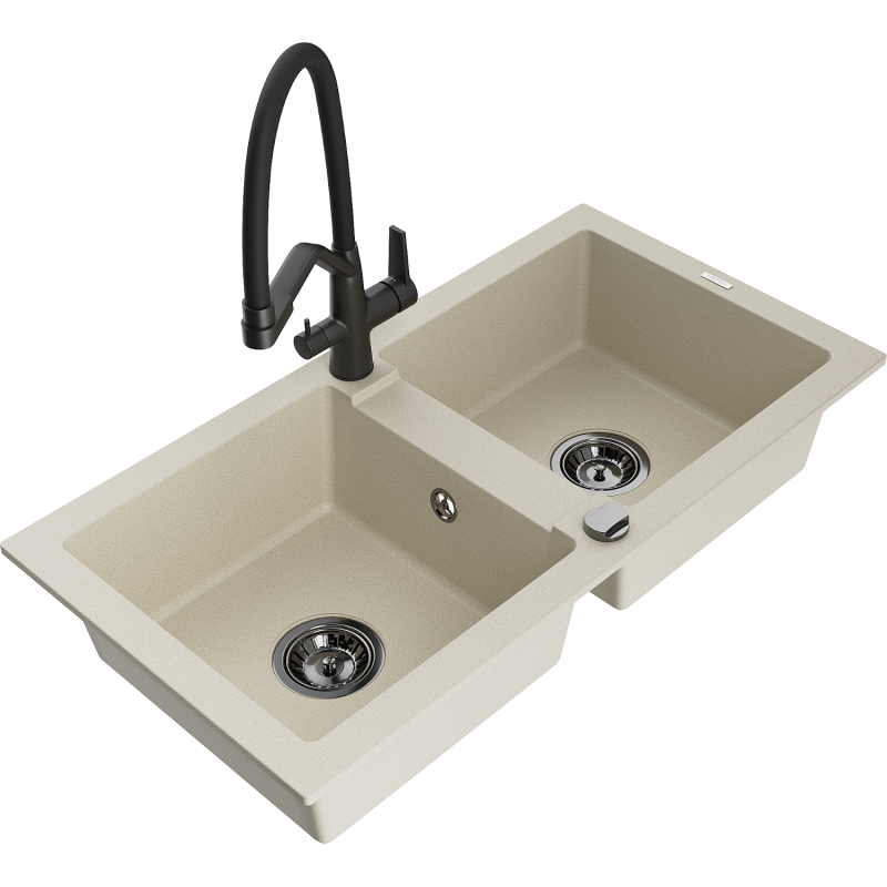 Mexen Mario zlewozmywak granitowy 2-komorowy z baterią kuchenną Duo, beżowy - 6504-69-671701-70-B
