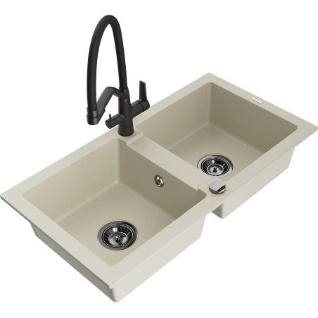 Mexen Mario zlewozmywak granitowy 2-komorowy z baterią kuchenną Duo, beżowy - 6504-69-671701-70-B
