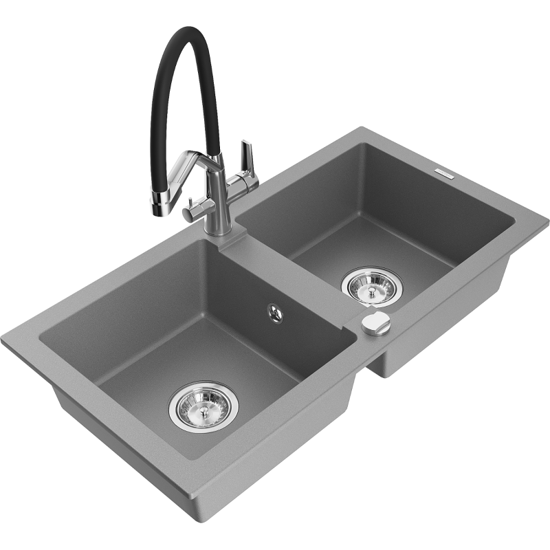 Mexen Mario zlewozmywak granitowy 2-komorowy z baterią kuchenną Duo, szary - 6504-71-671701-07