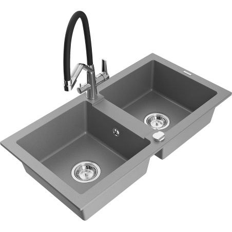 Mexen Mario zlewozmywak granitowy 2-komorowy z baterią kuchenną Duo, szary - 6504-71-671701-07