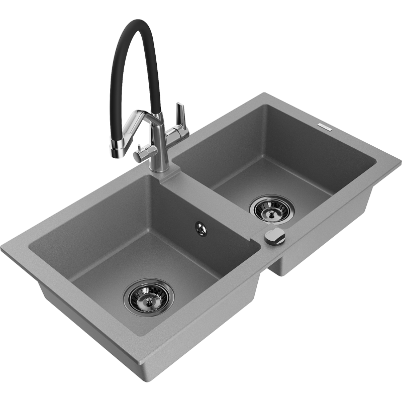 Mexen Mario zlewozmywak granitowy 2-komorowy z baterią kuchenną Duo, szary - 6504-71-671701-07-B