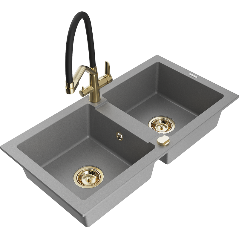 Mexen Mario zlewozmywak granitowy 2-komorowy z baterią kuchenną Duo, szary - 6504-71-671701-57-G