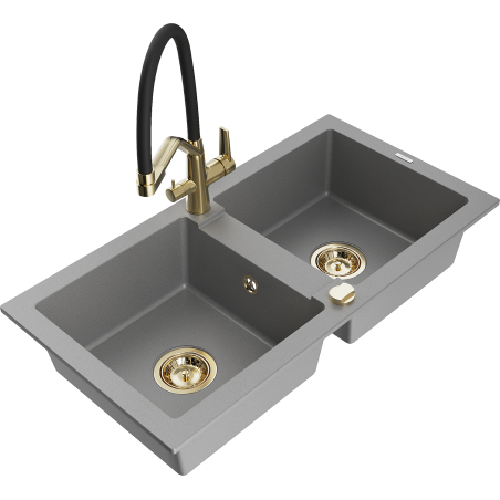 Mexen Mario zlewozmywak granitowy 2-komorowy z baterią kuchenną Duo, szary - 6504-71-671701-57-G