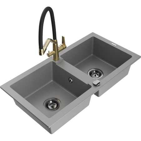 Mexen Mario zlewozmywak granitowy 2-komorowy z baterią kuchenną Duo, szary - 6504-71-671701-57-B