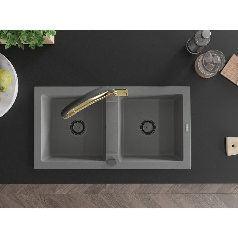Mexen Mario zlewozmywak granitowy 2-komorowy z baterią kuchenną Duo, szary - 6504-71-671701-57-B