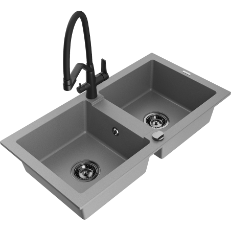 Mexen Mario zlewozmywak granitowy 2-komorowy z baterią kuchenną Duo, szary - 6504-71-671701-70-B