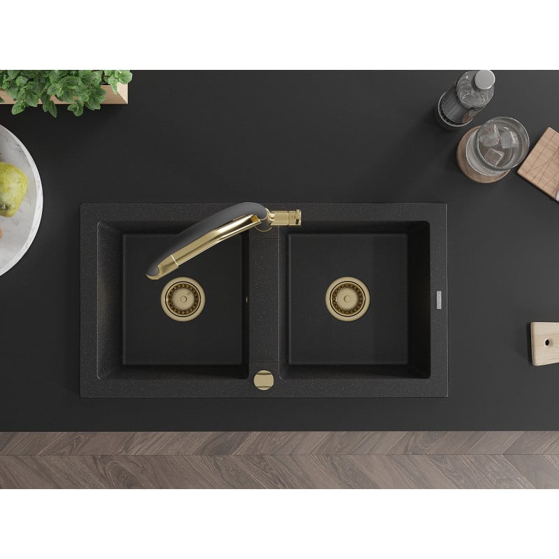 Mexen Mario zlewozmywak granitowy 2-komorowy z baterią kuchenną Duo, czarny/srebrny metalik - 6504-73-671701-57-G