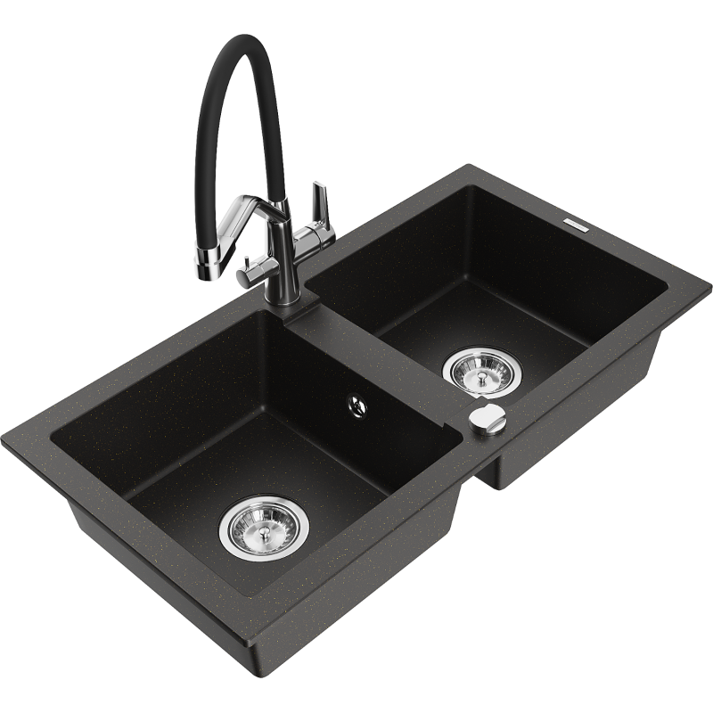 Mexen Mario zlewozmywak granitowy 2-komorowy z baterią kuchenną Duo, czarny/złoty metalik - 6504-75-671701-07