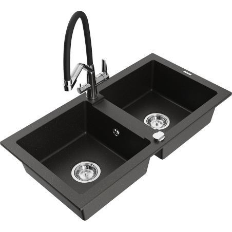 Mexen Mario zlewozmywak granitowy 2-komorowy z baterią kuchenną Duo, czarny/złoty metalik - 6504-75-671701-07