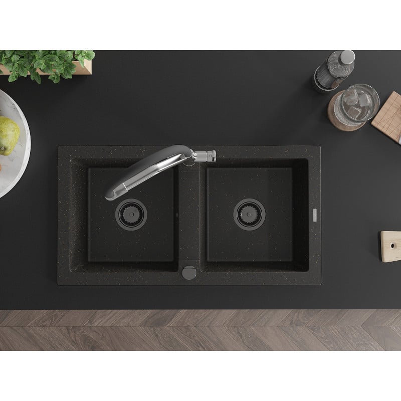 Mexen Mario zlewozmywak granitowy 2-komorowy z baterią kuchenną Duo, czarny/złoty metalik - 6504-75-671701-07-B