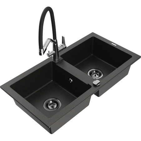 Mexen Mario zlewozmywak granitowy 2-komorowy z baterią kuchenną Duo, czarny/złoty metalik - 6504-75-671701-07-B
