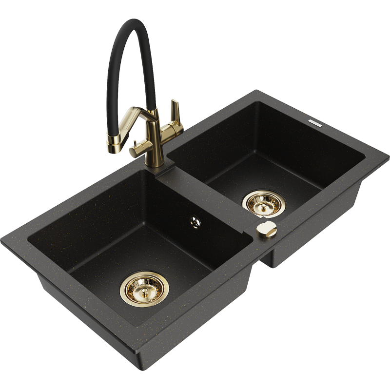 Mexen Mario zlewozmywak granitowy 2-komorowy z baterią kuchenną Duo, czarny/złoty metalik - 6504-75-671701-57-G