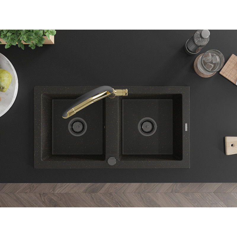Mexen Mario zlewozmywak granitowy 2-komorowy z baterią kuchenną Duo, czarny/złoty metalik - 6504-75-671701-57-B