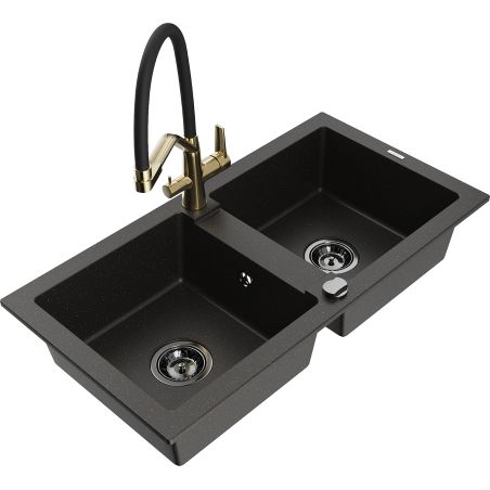 Mexen Mario zlewozmywak granitowy 2-komorowy z baterią kuchenną Duo, czarny/złoty metalik - 6504-75-671701-57-B