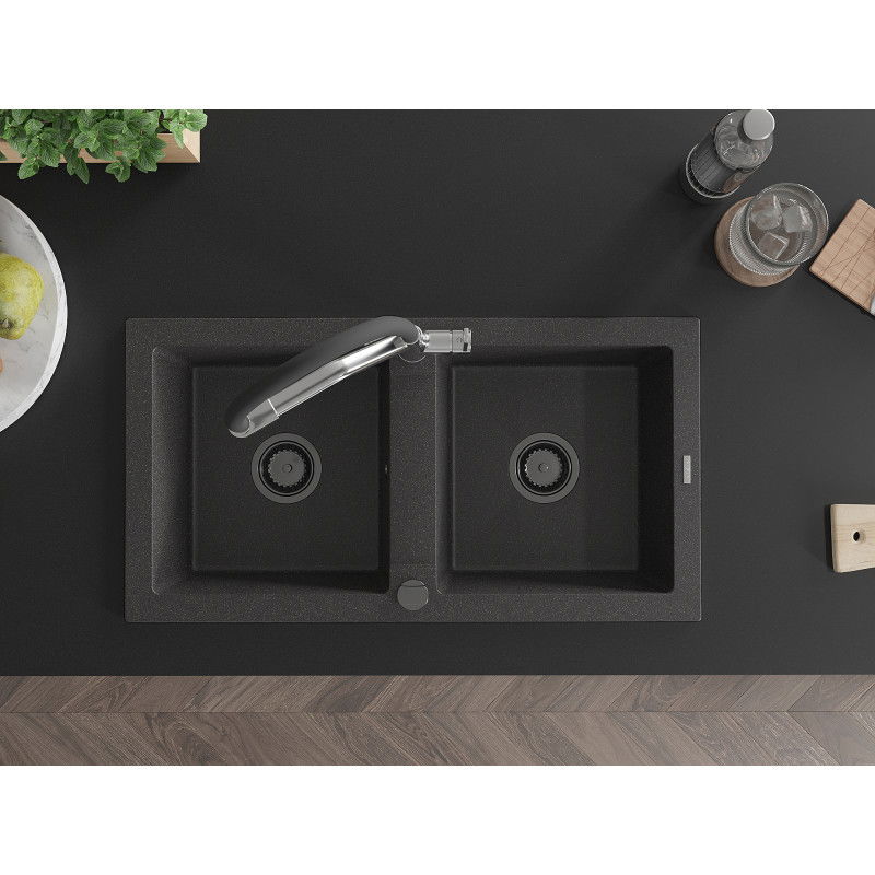 Mexen Mario zlewozmywak granitowy 2-komorowy z baterią kuchenną Duo, czarny nakrapiany - 6504-76-671701-07-B