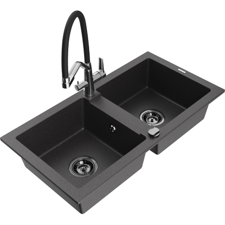Mexen Mario zlewozmywak granitowy 2-komorowy z baterią kuchenną Duo, czarny nakrapiany - 6504-76-671701-07-B