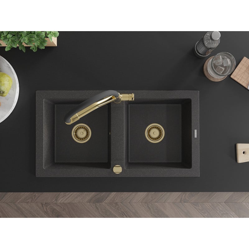 Mexen Mario zlewozmywak granitowy 2-komorowy z baterią kuchenną Duo, czarny nakrapiany - 6504-76-671701-57-G
