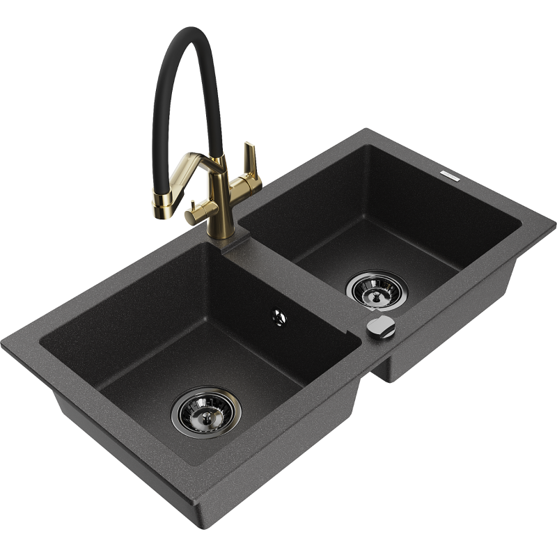 Mexen Mario zlewozmywak granitowy 2-komorowy z baterią kuchenną Duo, czarny nakrapiany - 6504-76-671701-57-B