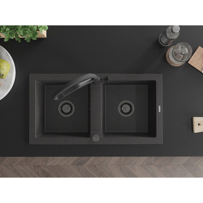 Mexen Mario zlewozmywak granitowy 2-komorowy z baterią kuchenną Duo, czarny nakrapiany - 6504-76-671701-70-B