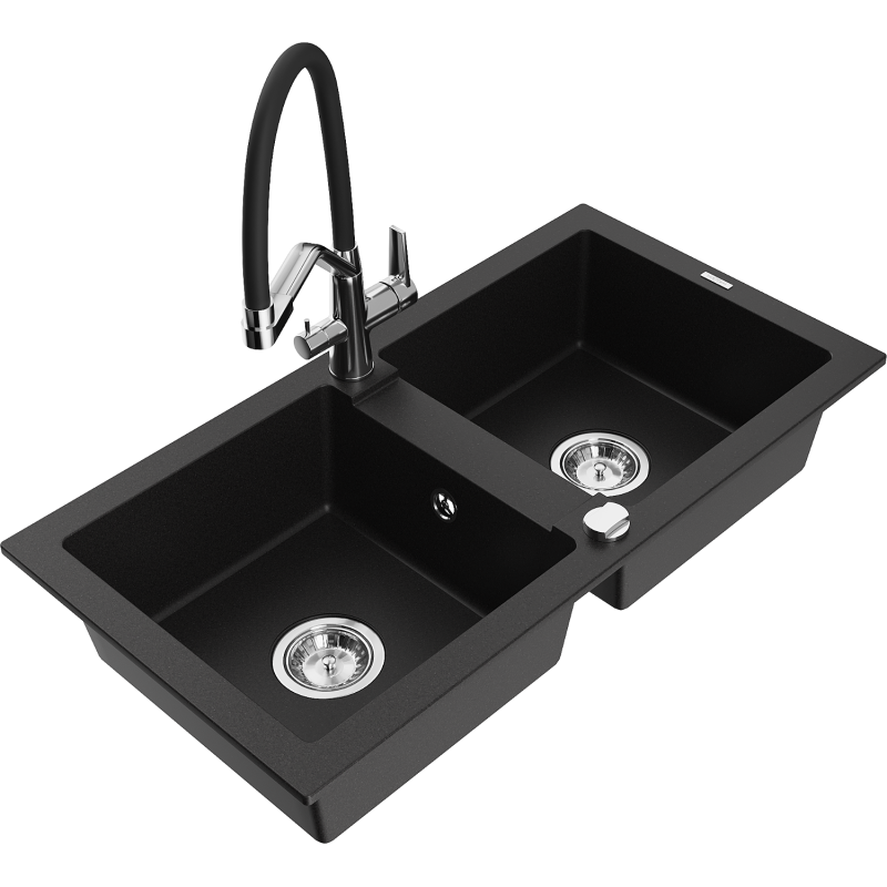 Mexen Mario zlewozmywak granitowy 2-komorowy z baterią kuchenną Duo, czarny - 6504-77-671701-07