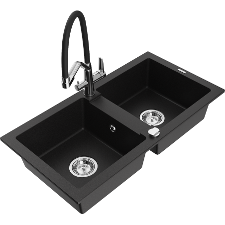 Mexen Mario zlewozmywak granitowy 2-komorowy z baterią kuchenną Duo, czarny - 6504-77-671701-07