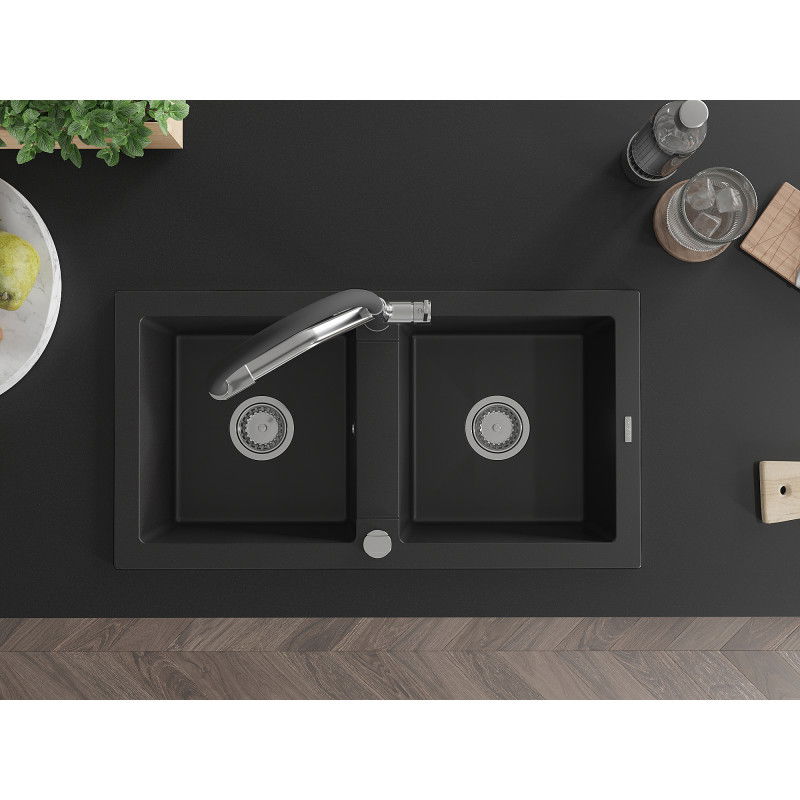 Mexen Mario zlewozmywak granitowy 2-komorowy z baterią kuchenną Duo, czarny - 6504-77-671701-07