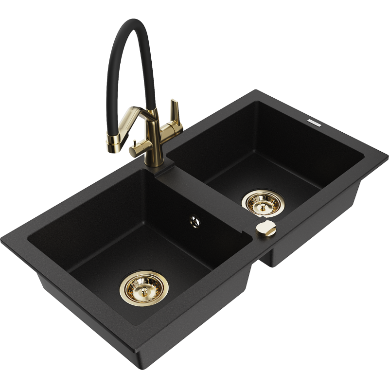 Mexen Mario zlewozmywak granitowy 2-komorowy z baterią kuchenną Duo, czarny - 6504-77-671701-57-G